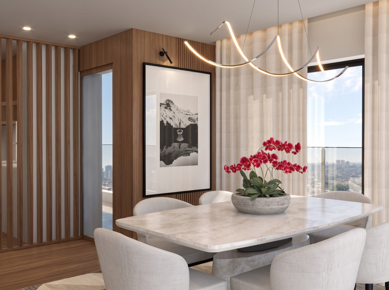 Sala de jantar da Casa Âmbar com painel ripado em madeira, mesa de mármore e pendente curvo iluminado