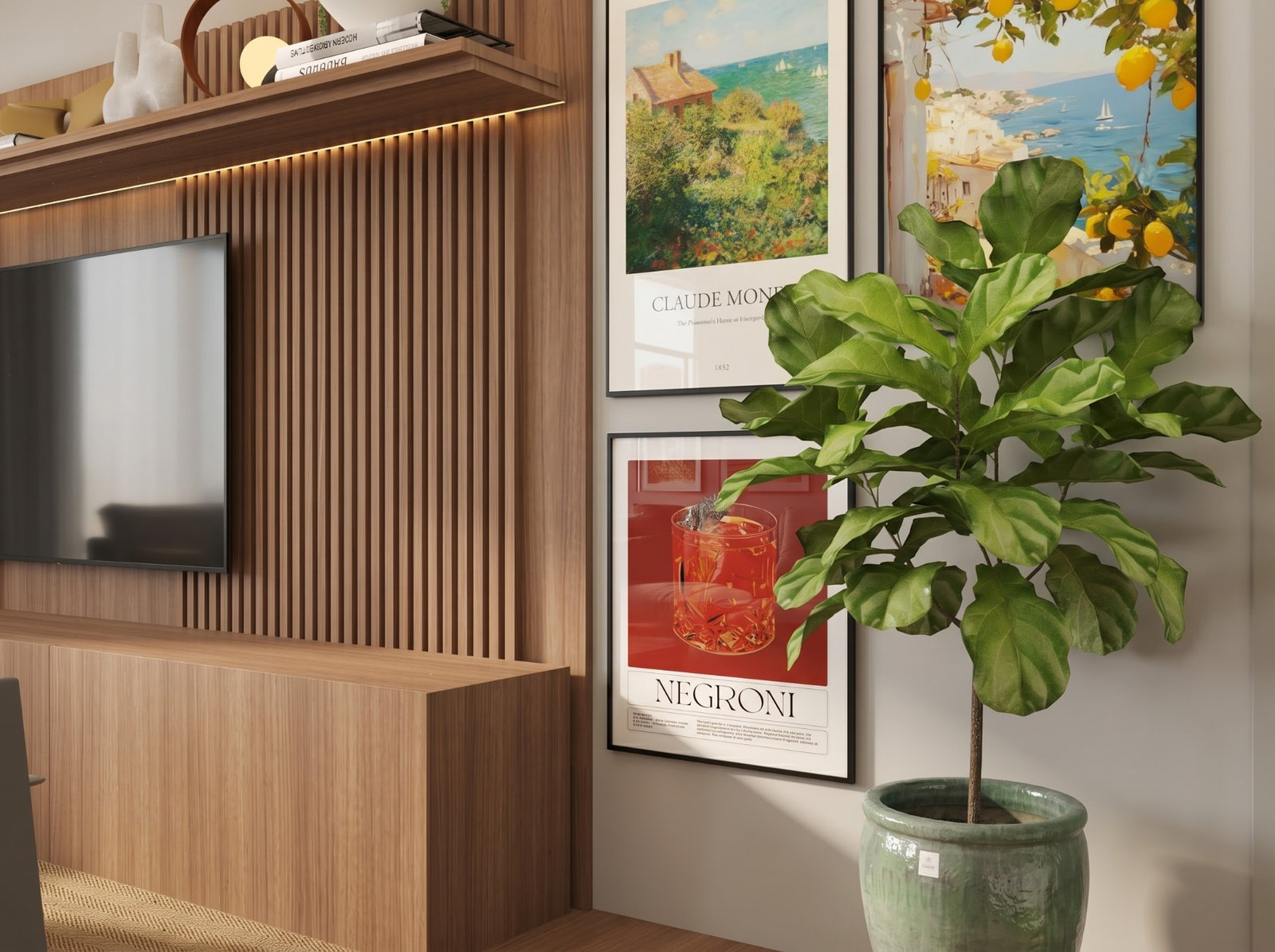 Painel de TV ripado em madeira da Casa Âmbar com composição de quadros e planta